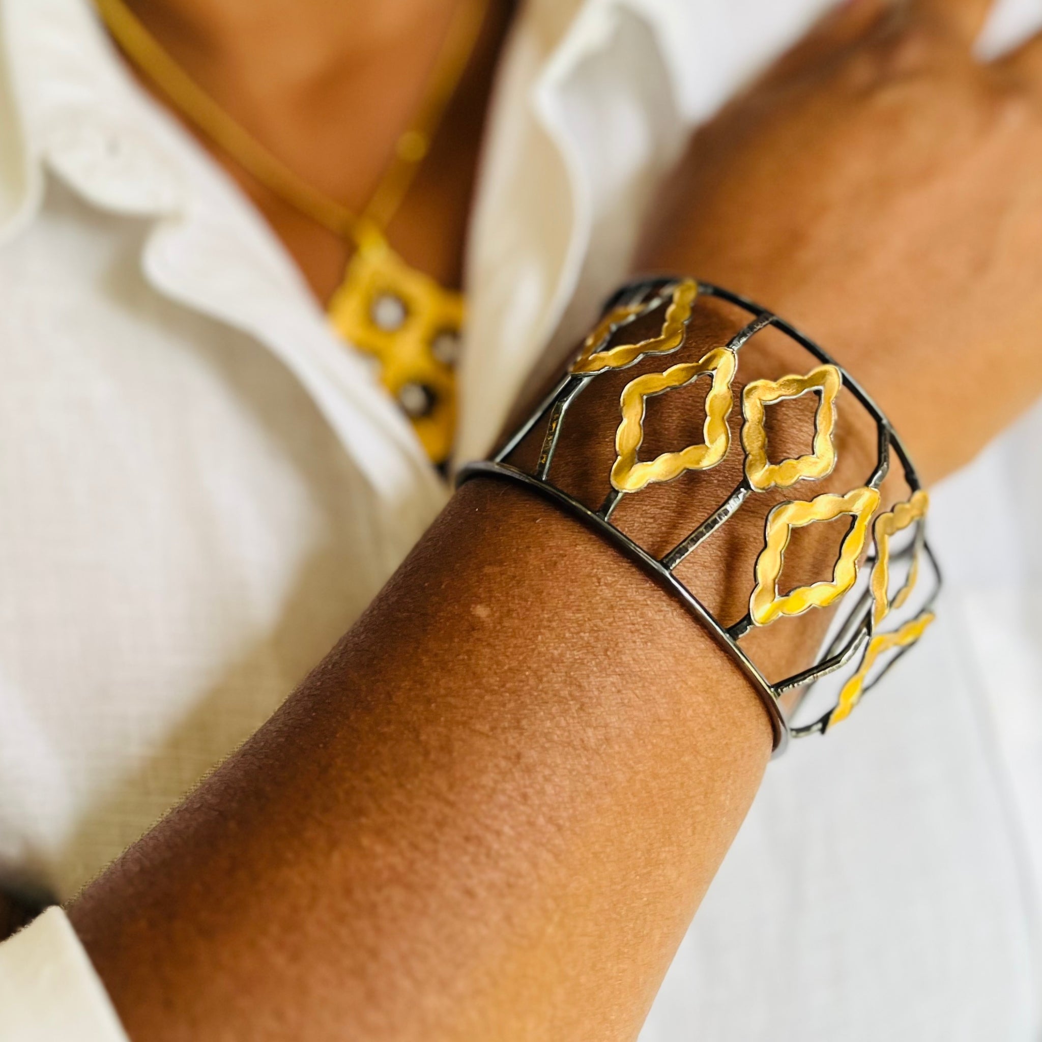 Gothic Lattice Cuff Bracelet in Gold-Plated Silver